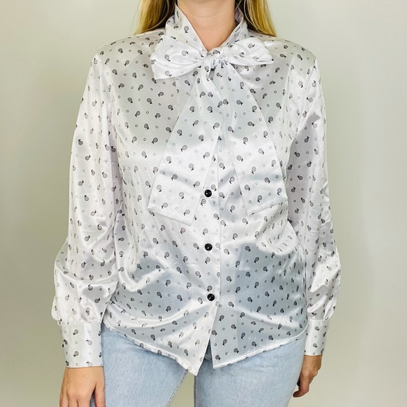 Vintage 70s 80s Handmade Mod Novelty Print Pussy-Bow Button Front Blouse Medium - Picture 8 of 9